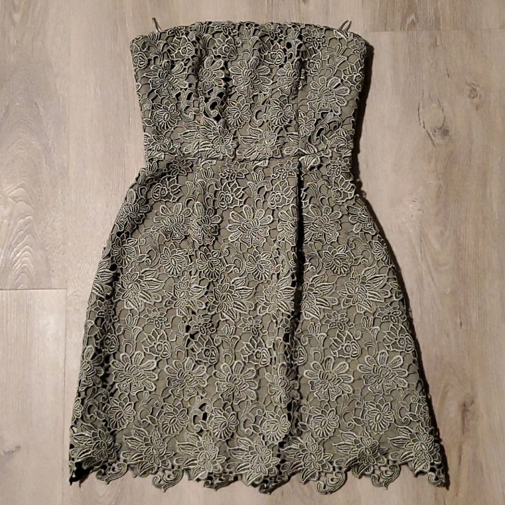 REISS Demetra Strapless Lace Dress, Sage, Sz 4